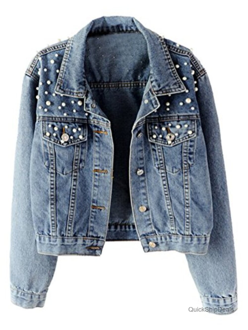 Embroidered Pearl Denim Jean Jacket Button Front Distressed